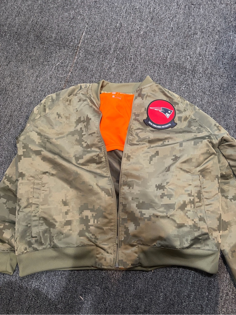 NFL Olive Camo Jacket with Bright Orange Lining